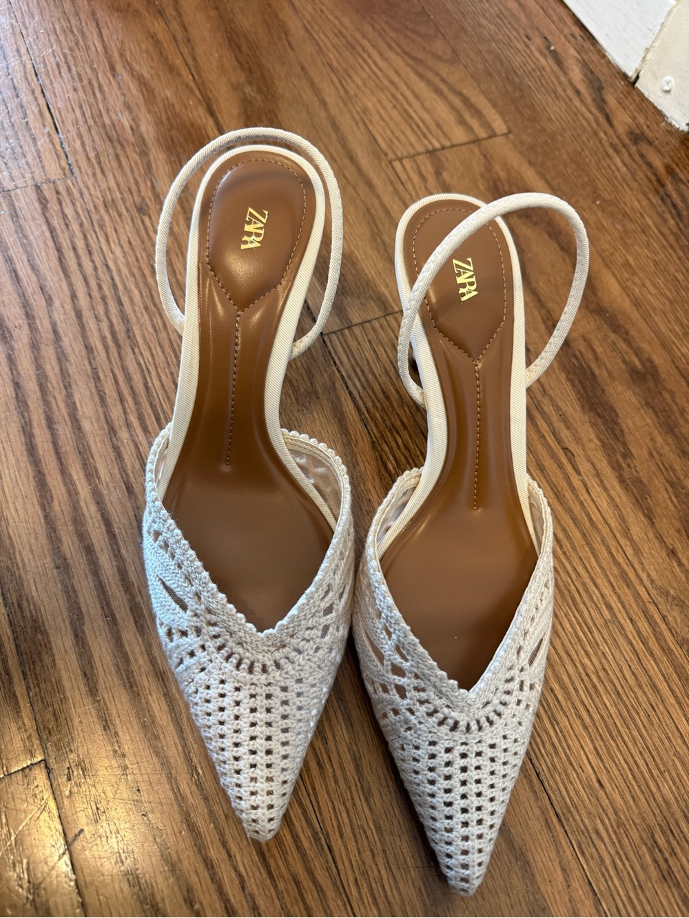ZARA Cream Crochet Pointed Slingback Mules